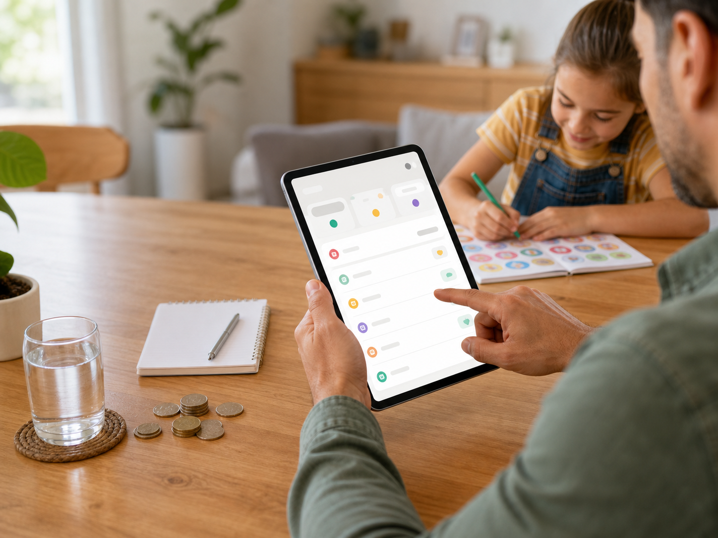 A parent reviewing a reward ledger on a tablet at a home table.