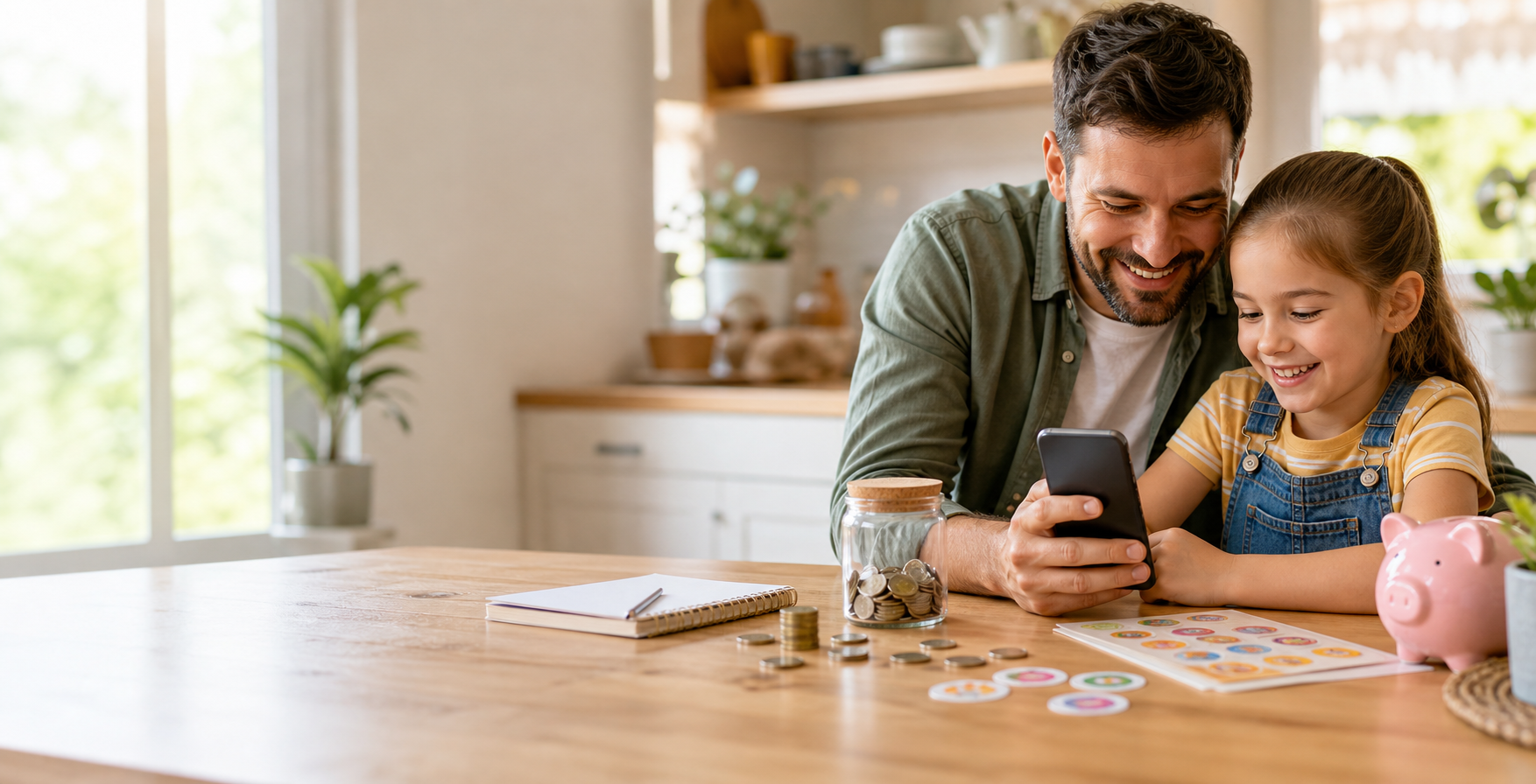 A parent and child looking at a phone while learning about rewards at a kitchen table.