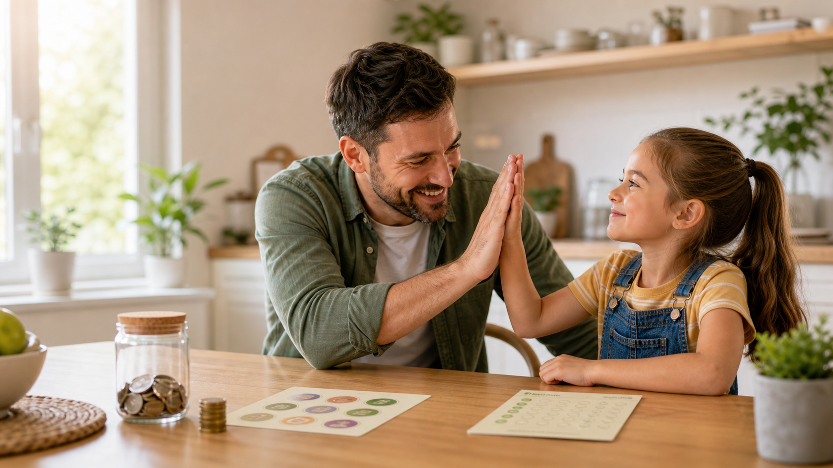A parent and child sharing a proud high-five after a small win at home.