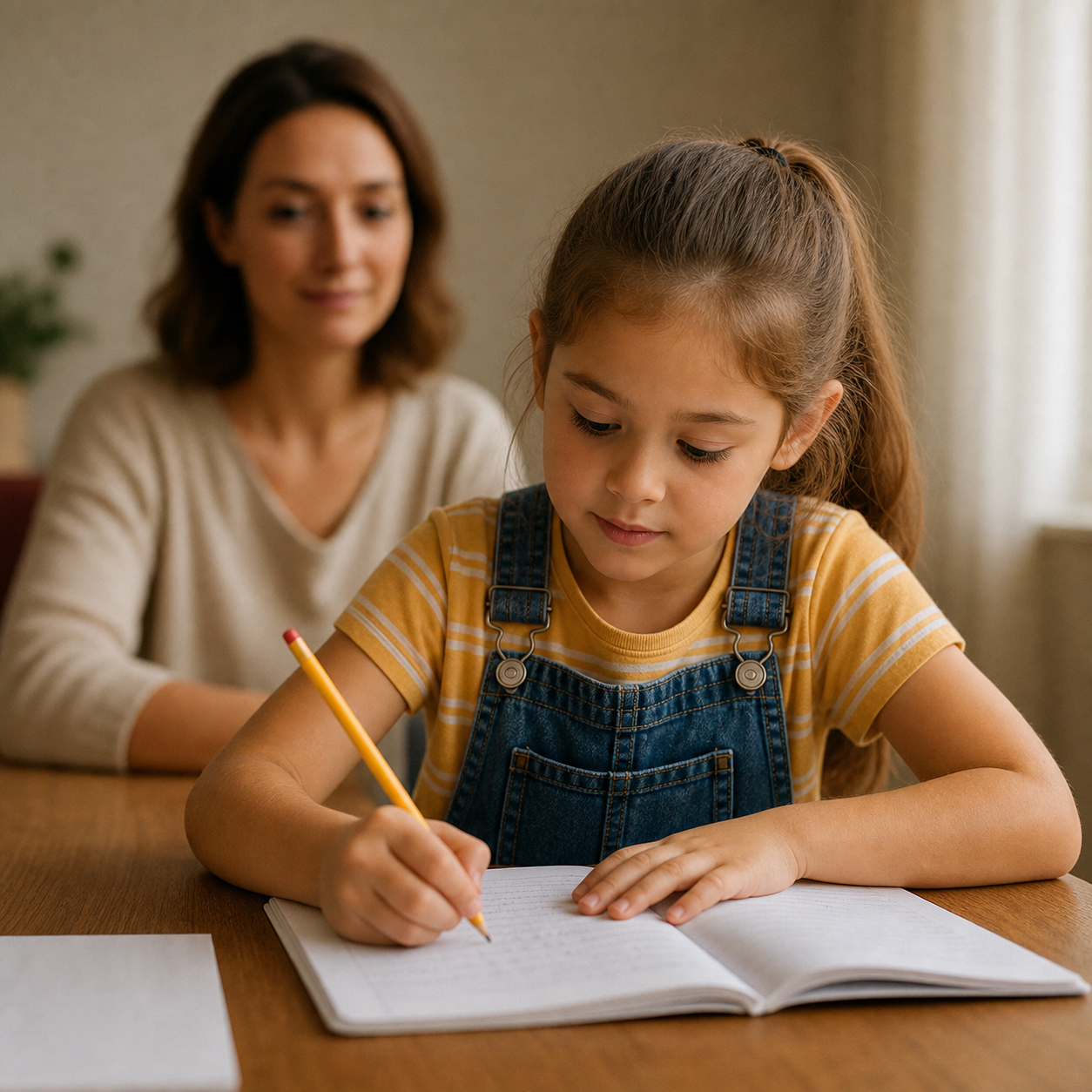 A focused child completing a task at home while a parent stays nearby.